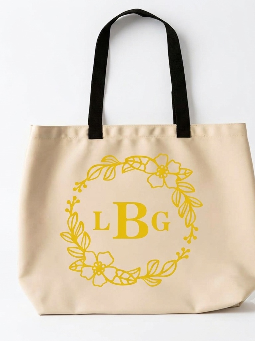 Monogram Floral Canvas Tote Bag in Cream and Yellow
